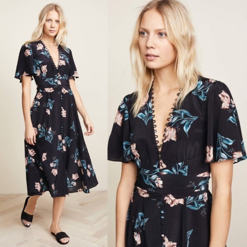 Nicholas Silk Black Piper Floral Button Front Midi Dress Deep V-Neck Waist-Tie 8